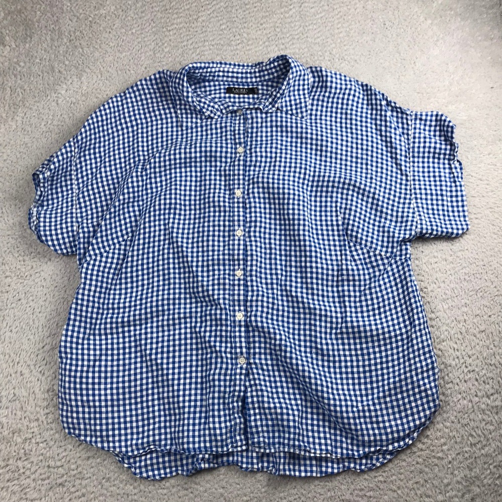 LRL Ralph Lauren Shirt Women 3X Blue Gingham Linen Dolman Short Sleeve Button Up